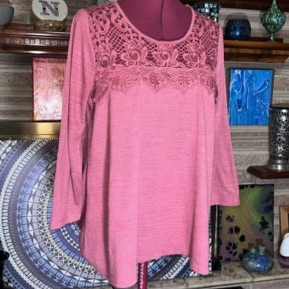 Status by Chenault Dusty Rose Pink Top Waffle Knit Crochet Lace Inset Size Large - Picture 5 of 8